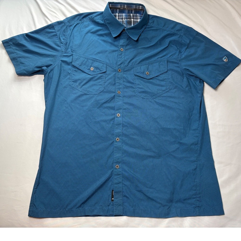 Kuhl Button Down Shirt Mens Large Blue Excellent Short Sleeve Hiking Outdoor